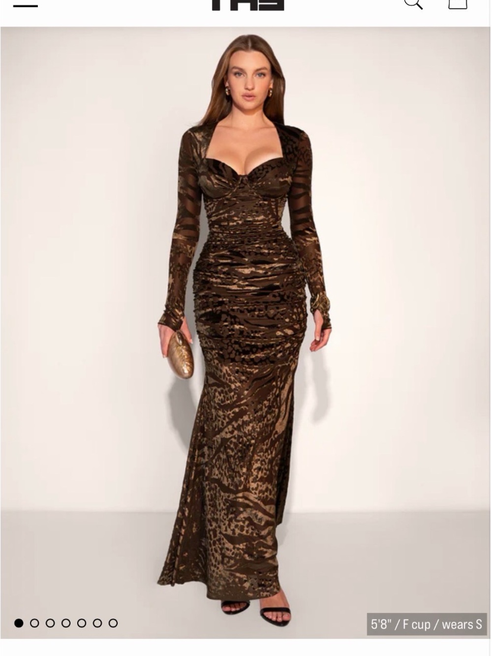 Long Sleeve Brown Printed Ruched Maxi Dress